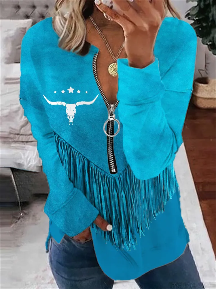 Western Vintage Leather Fringe Art Zip Up Sweatshirt