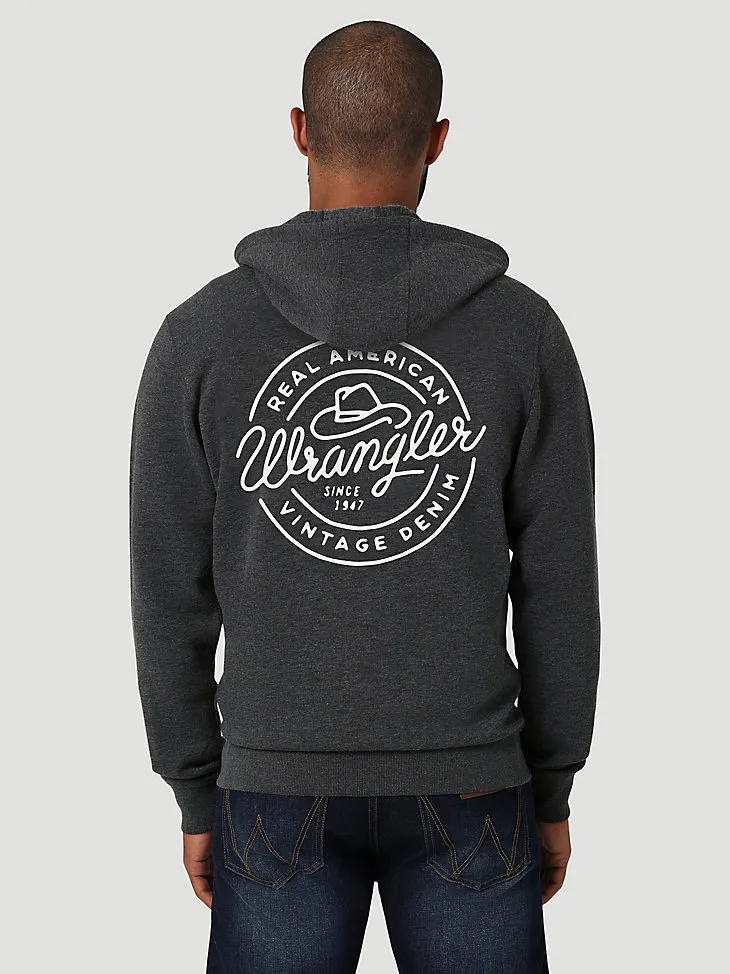 MEN'S WRANGLER VINTAGE LOGO FULL ZIP HOODIE IN CAVIAR HEATHER