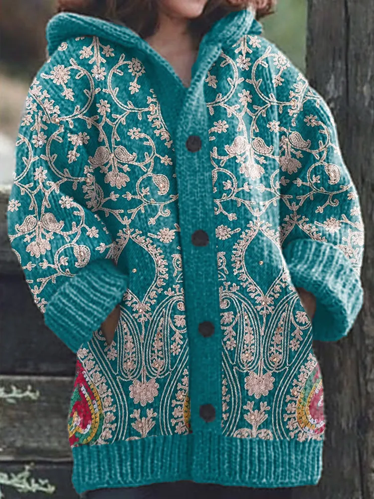 Vintage Floral Pattern Knit Hooded Cardigan