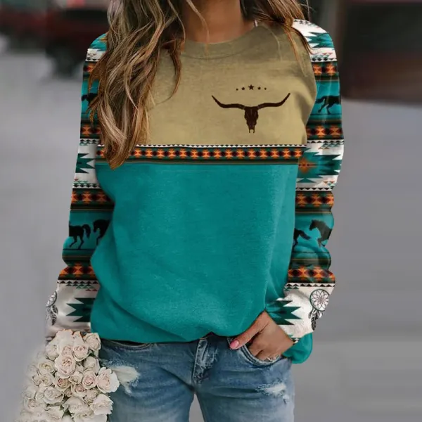 Western Print Paneled Long Sleeve Casual Sweatshirt