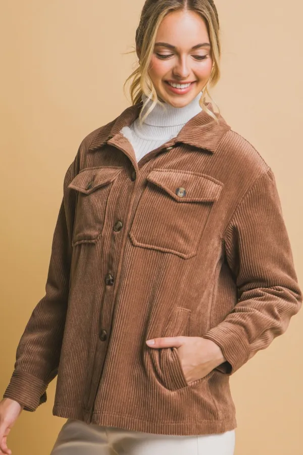 Corduroy Button Up Sherpa Jacket - Brown