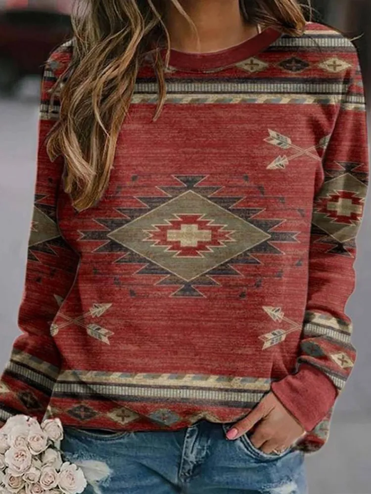 Western Print Crew Neck Long Sleeve Sweatshirt