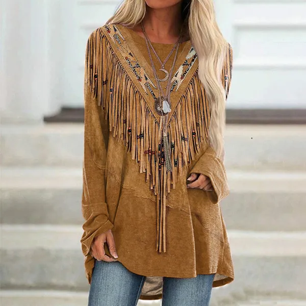 Women's Vintage Tassels Art Round Neck Casual Tunic