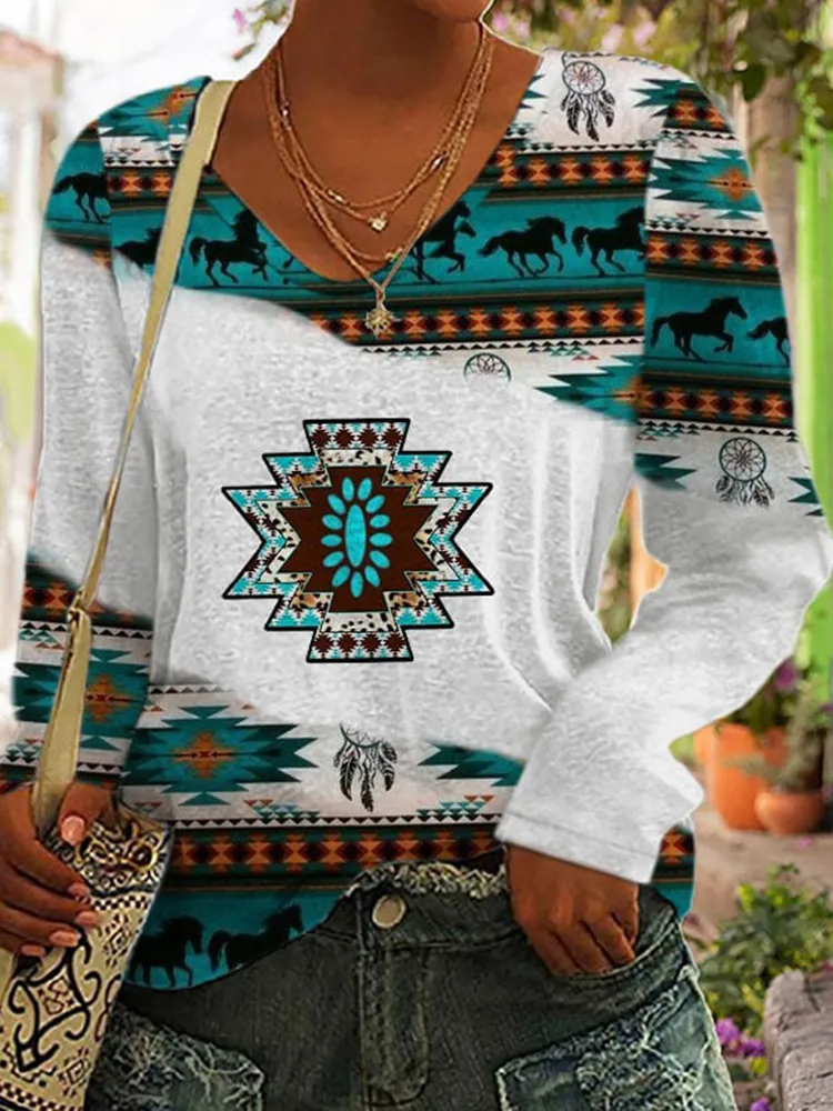 Western Print V-Neck Long Sleeve T-Shirt