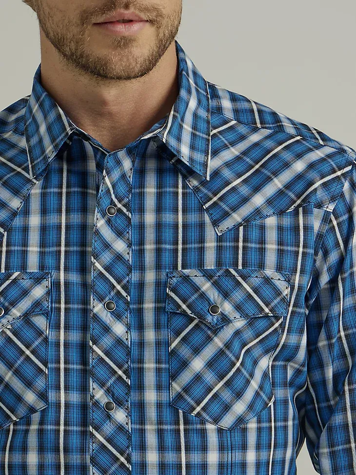 MEN'S LONG SLEEVE FASHION WESTERN SNAP PLAID SHIRT IN STRONG BLUE