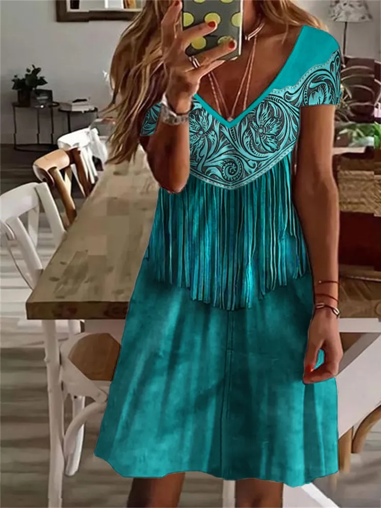 Western Floral Leather Tassels V Neck Midi Dress