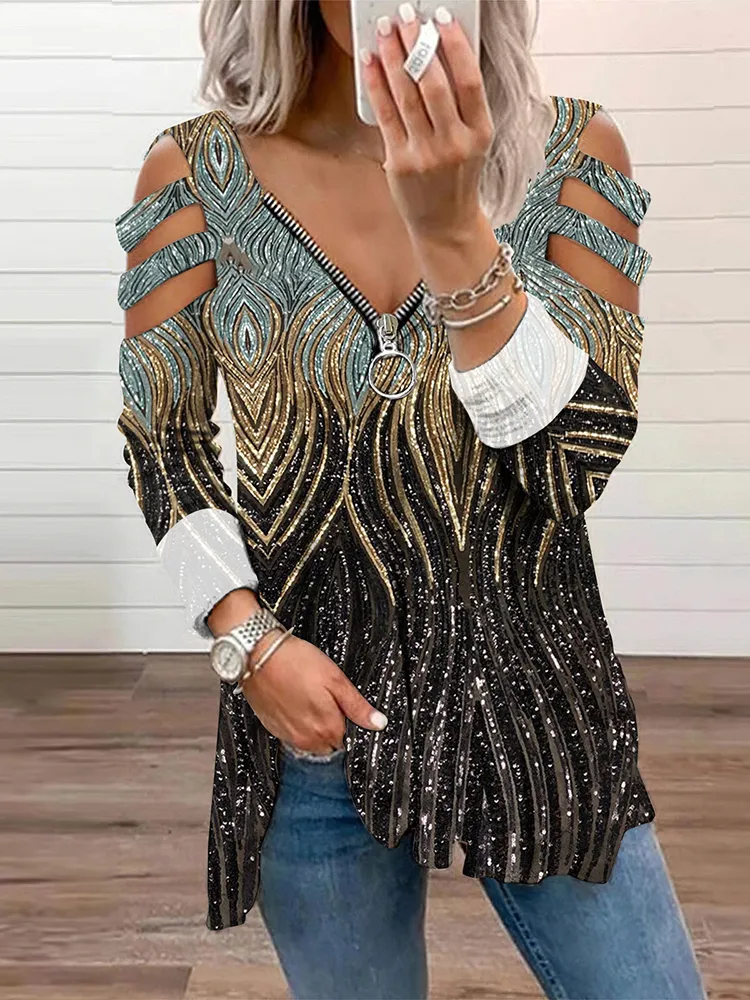 Gradient Sequin Casual Women's Zip Top