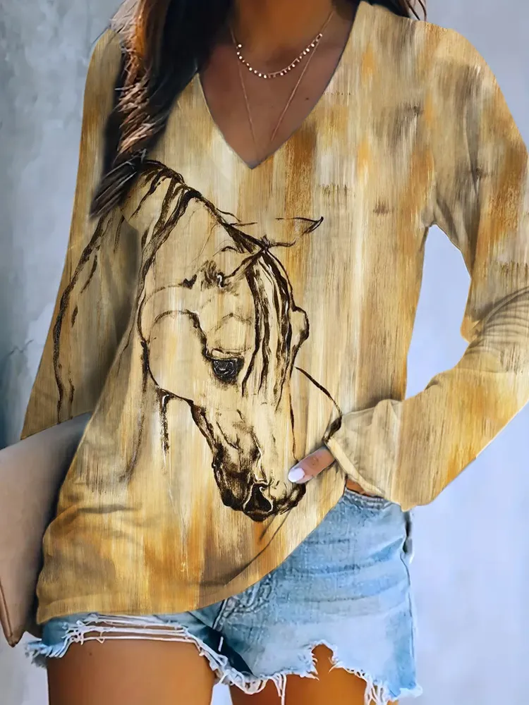 Western Horse Oil Art Long Sleeve V-Neck T-Shirt