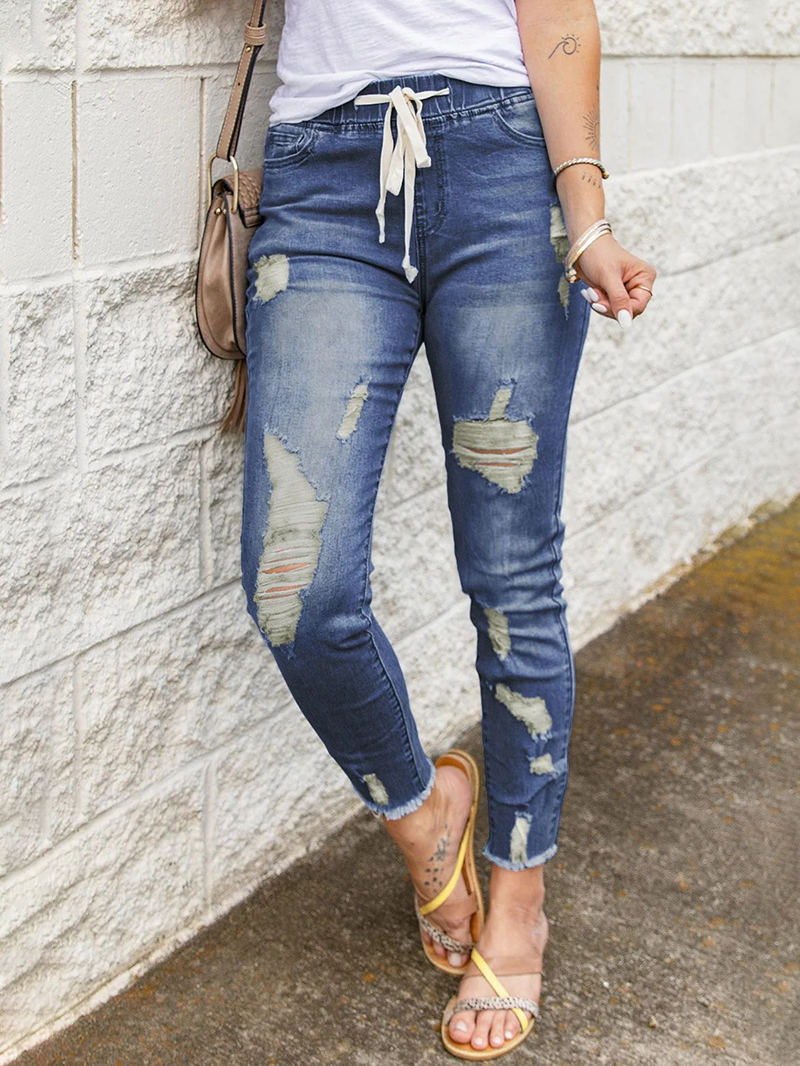 Women's vintage ripped drawstring jeans