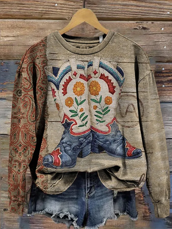 Women's Vintage Tribal Boots And Floral Sweatshirt