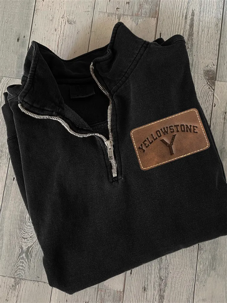 Western Logo Leather Patch Cowhide Zip Up Sweatshirt