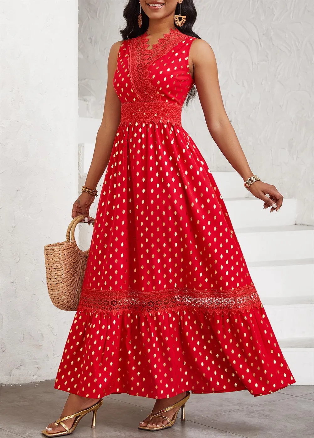 Polka Dot Hot Stamping Red Sleeveless Maxi Dress