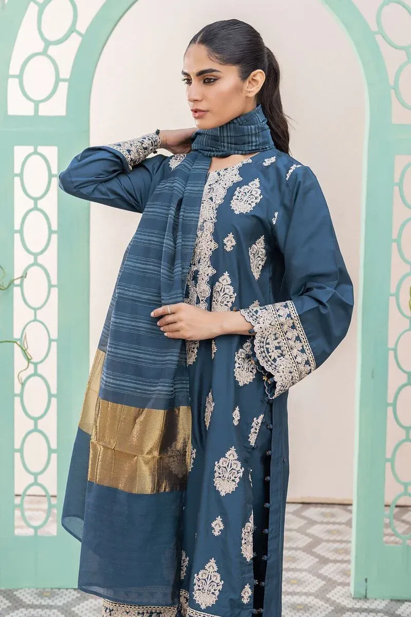 3 Piece Kurta Embroidered | Dupatta& Bottom & Tops | Color Navy blue