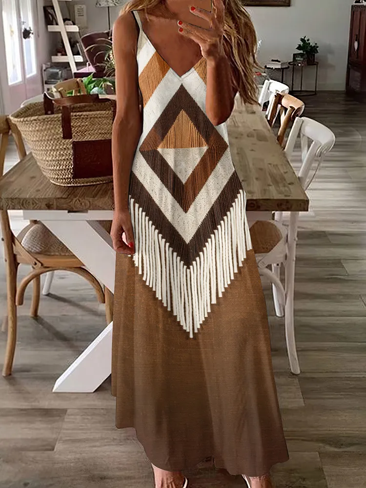 Western Geometric Print V-Neck Suspender Maxi Dress