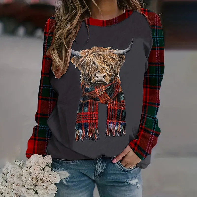 Women's Highland Cow Bull Head Print Casual Sweatshirt