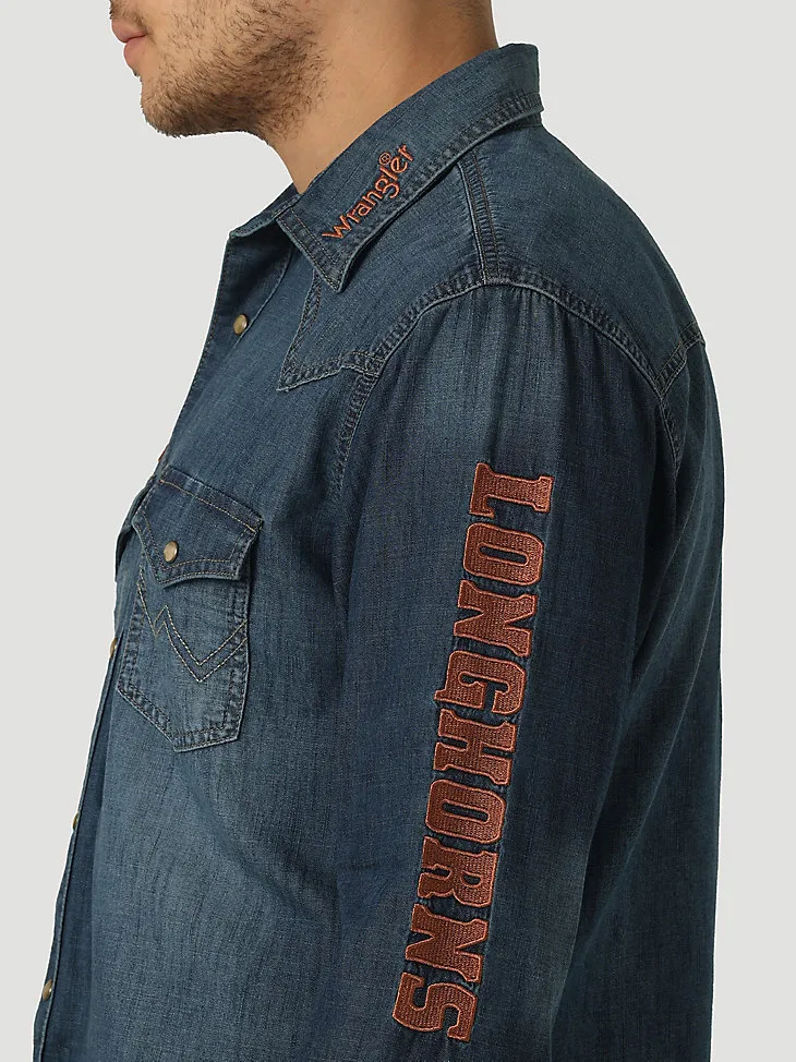 MEN'S WRANGLER COLLEGIATE DENIM WESTERN SNAP SHIRT IN UNIVERSITY OF TEXAS