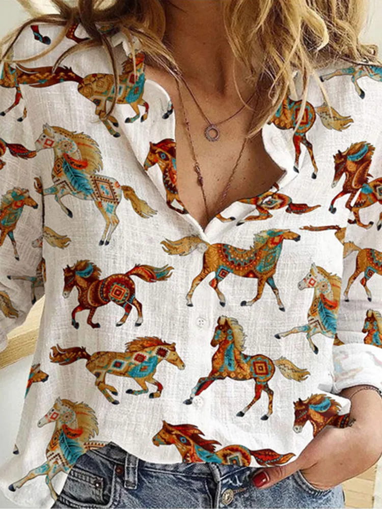 Vintage Western Horse Print Long Sleeve Casual Shirt