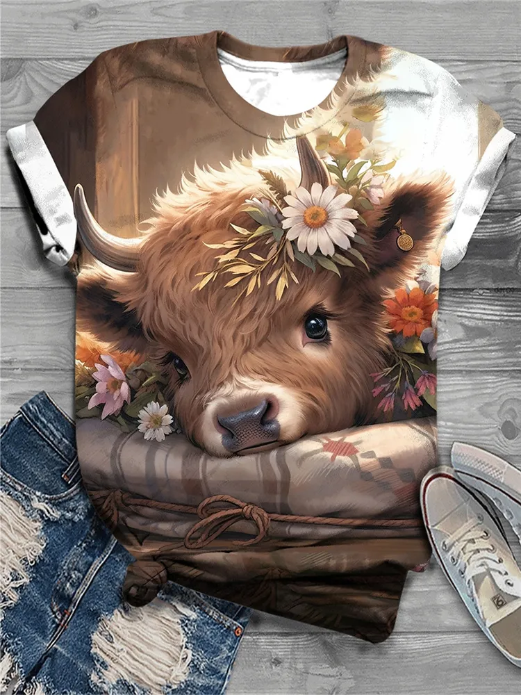 Cute Cow Print Round Neck Short Sleeve T-Shirt