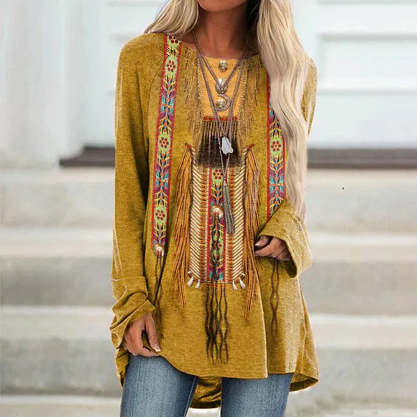 Western Print Round Neck Long Sleeve Casual Tunic