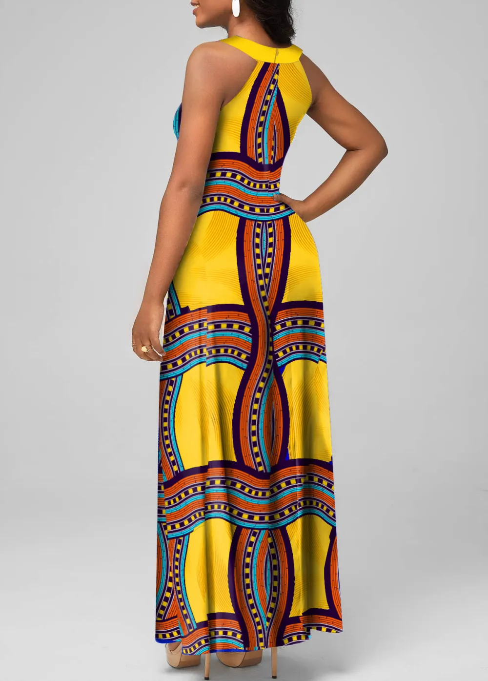 Tribal Print Cage Neck Royal Blue Maxi Dress