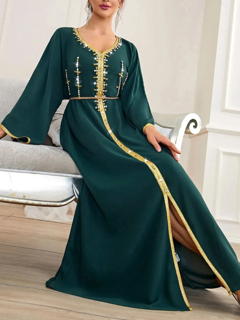 Green slit contrast trim dress