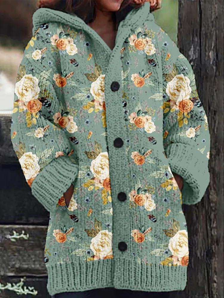 Vintage Western Floral Pattern Cozy Hooded Cardigan