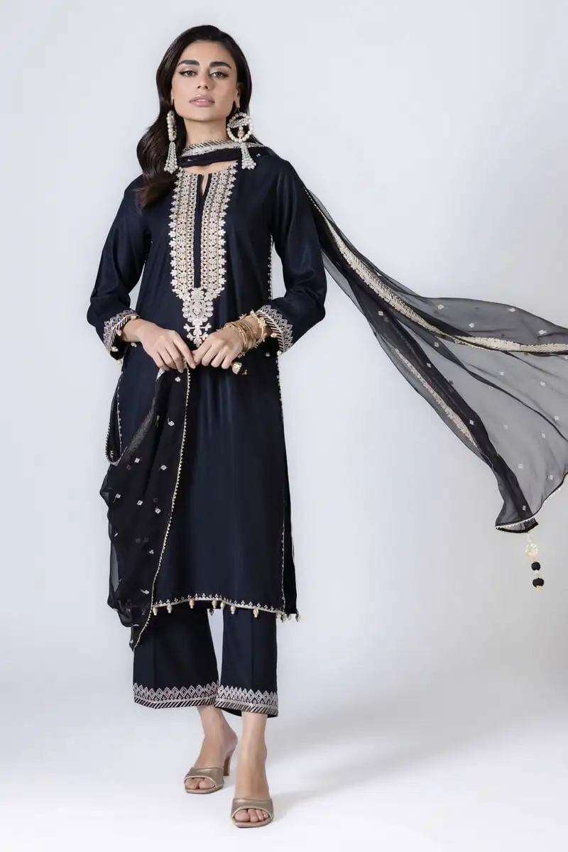 3 Piece Kurta Embroidered | Dupatta& Bottom & Tops | Color Black