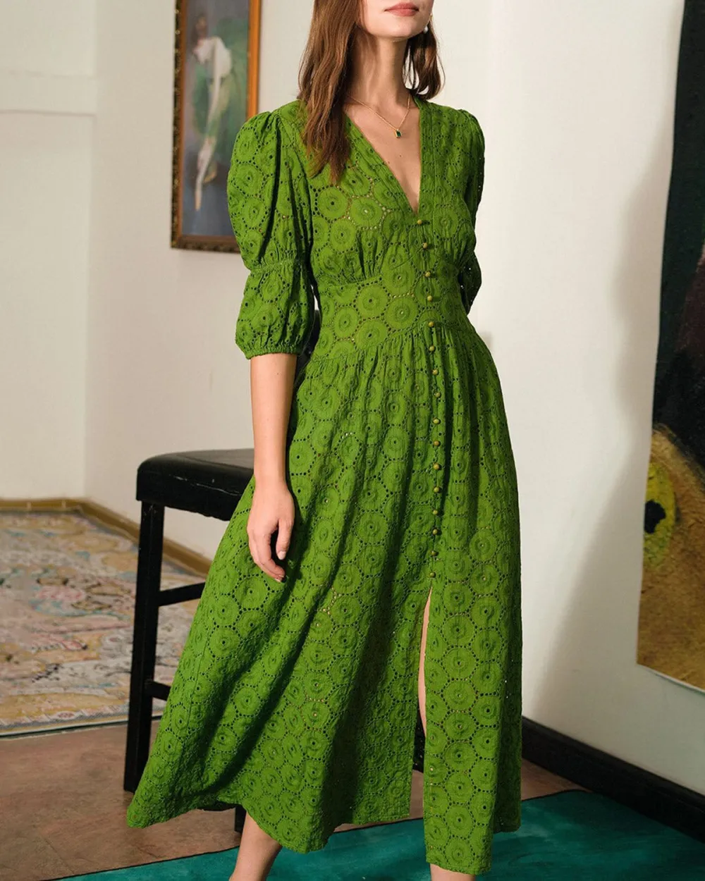 Fruit green retro print dress