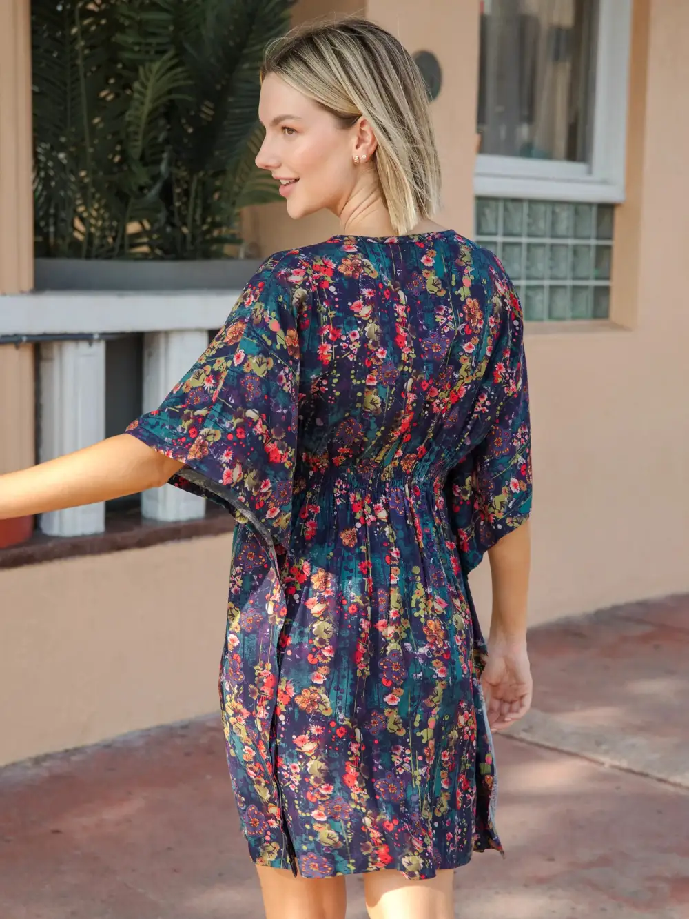 Sanibel Kaftan Mini Dress - Watercolor Indigo Floral