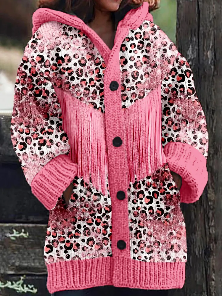 Western Leopard Tassels Cozy Hooded Cardigan