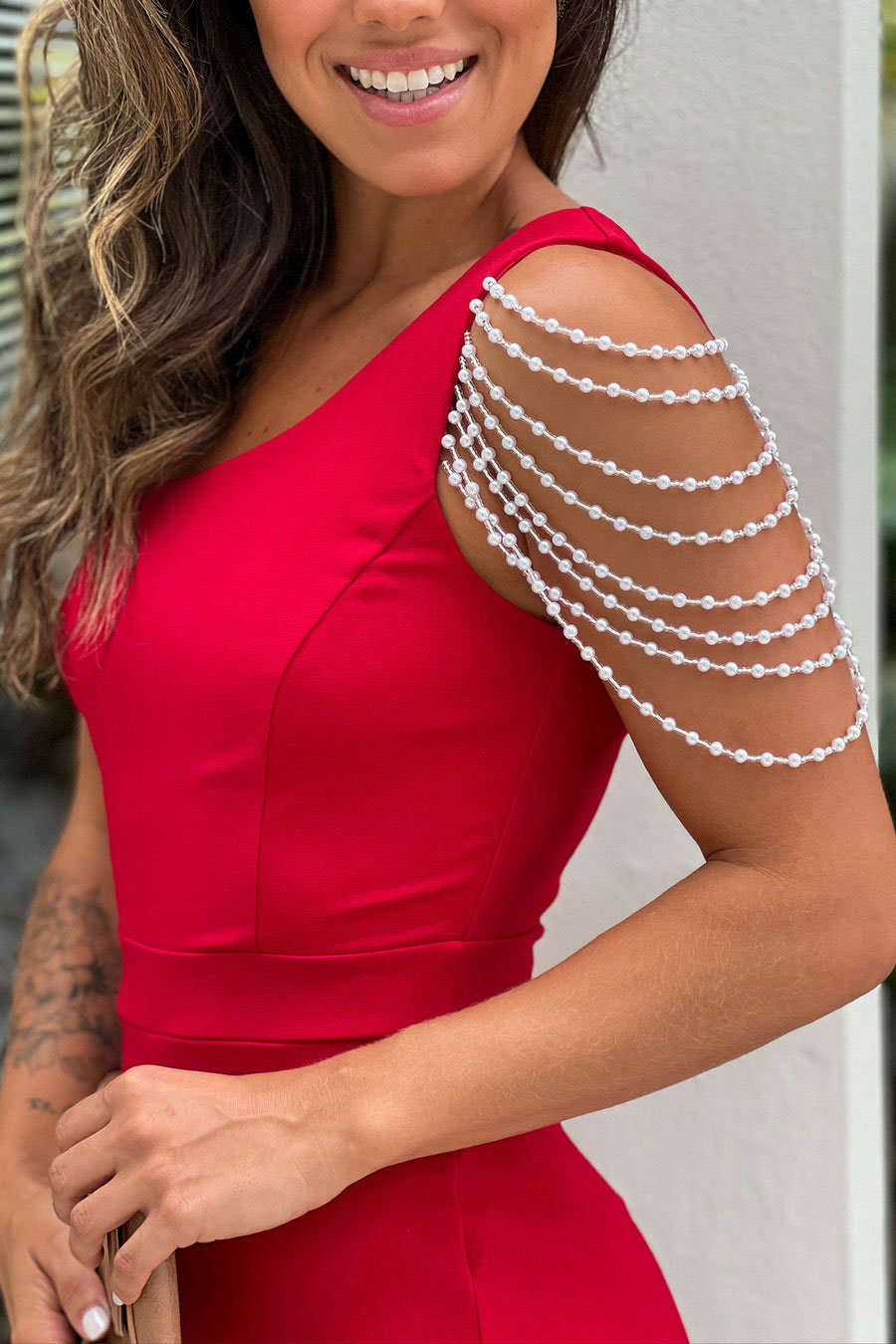 Red One Shoulder Jumpsuit With Faux Pearl Detail