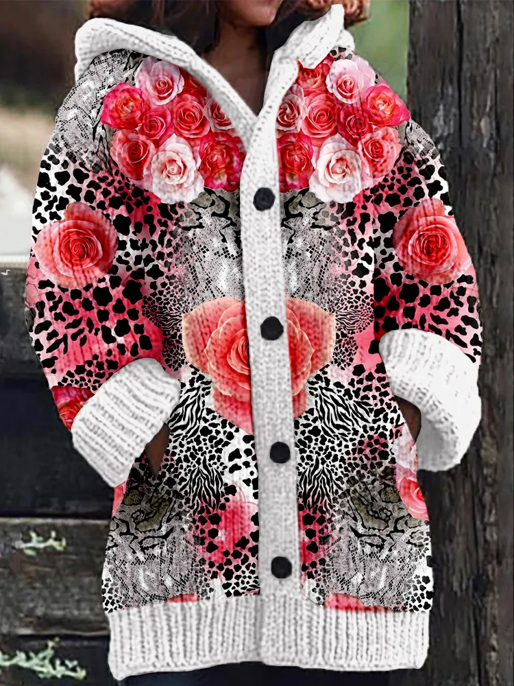 Western Floral Leopard Pattern Cozy Hooded Cardigan