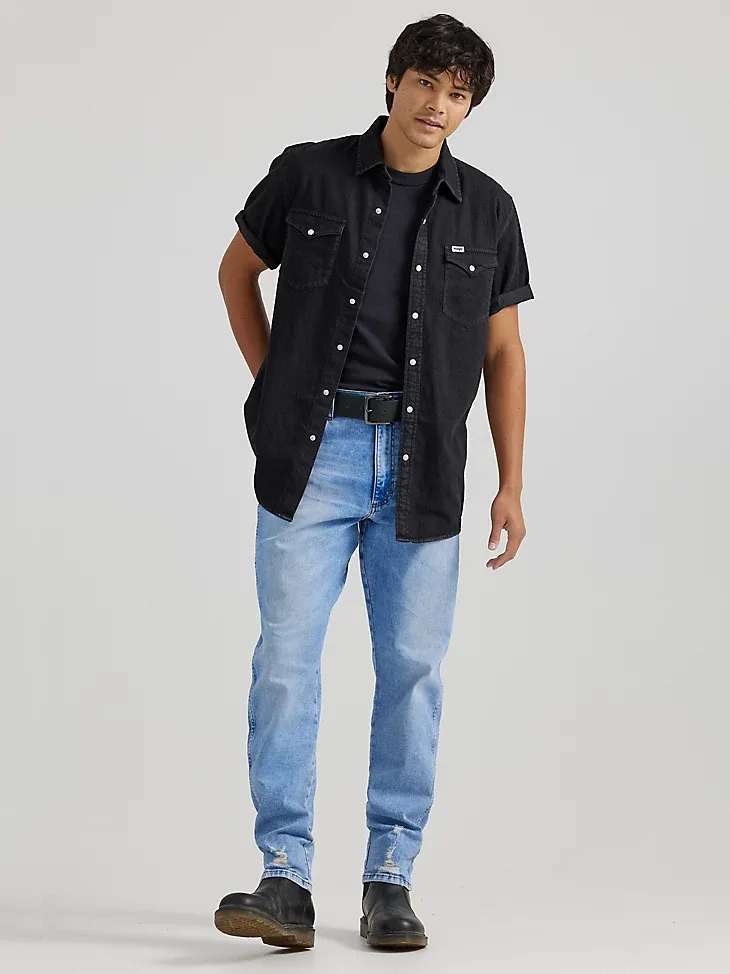 MEN'S SHORT SLEEVE WESTERN DENIM SHIRT IN MEDIUM WASH