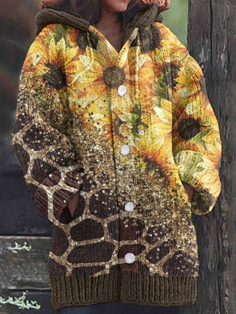 Western Vintage Leopard And Floral Cozy Hooded Cardigan