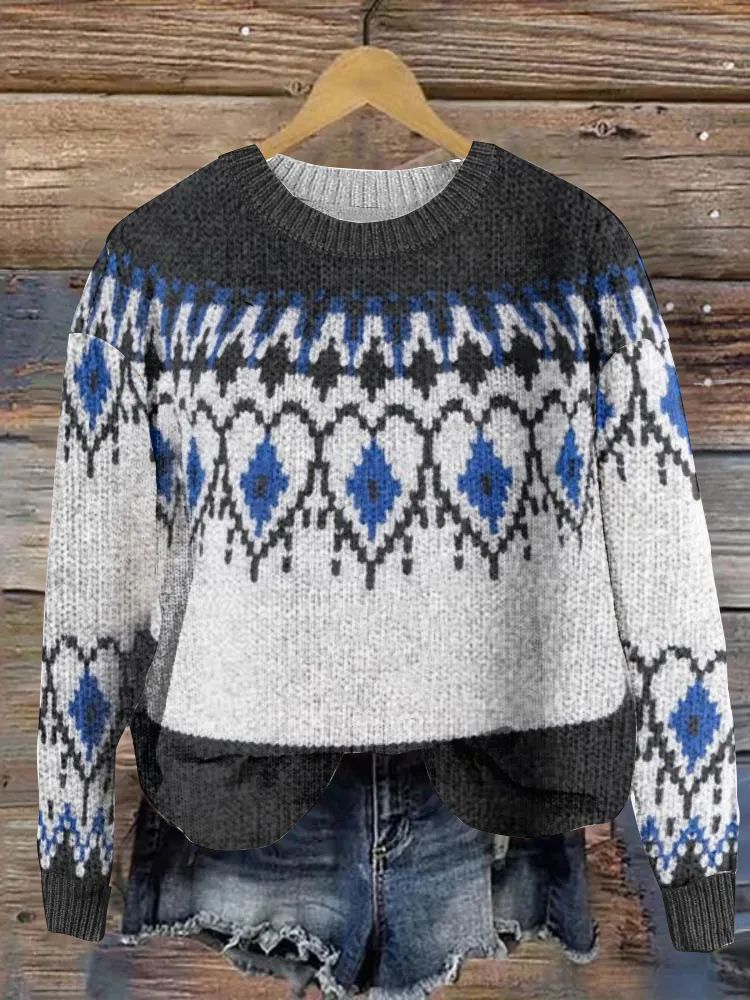 Vintage  Ethnic Geometric Pattern Women'S Sweater