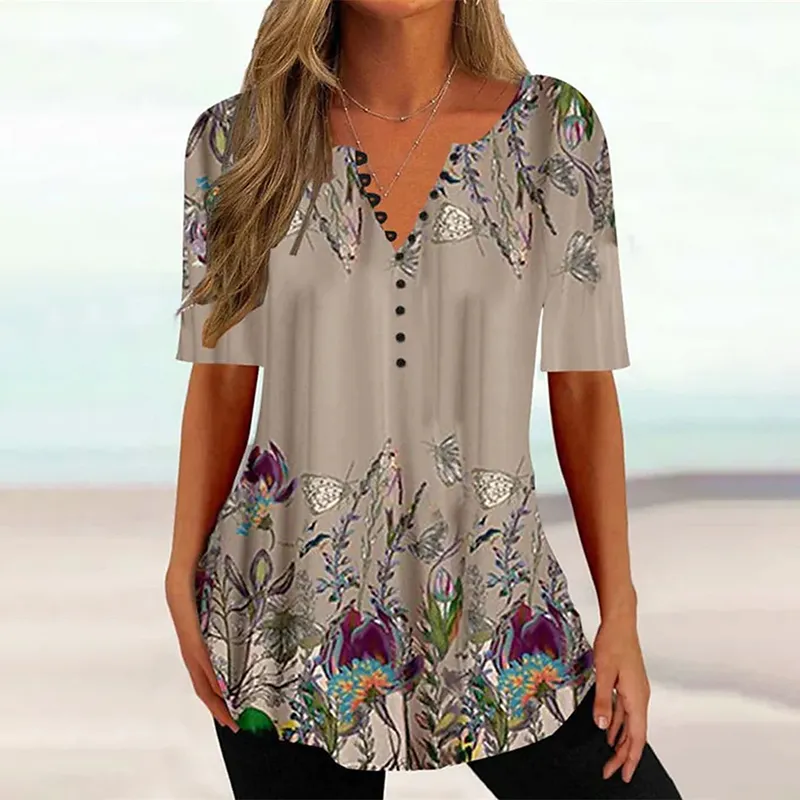 Vintage Button Down Tribal Print V Neck T-Shirt