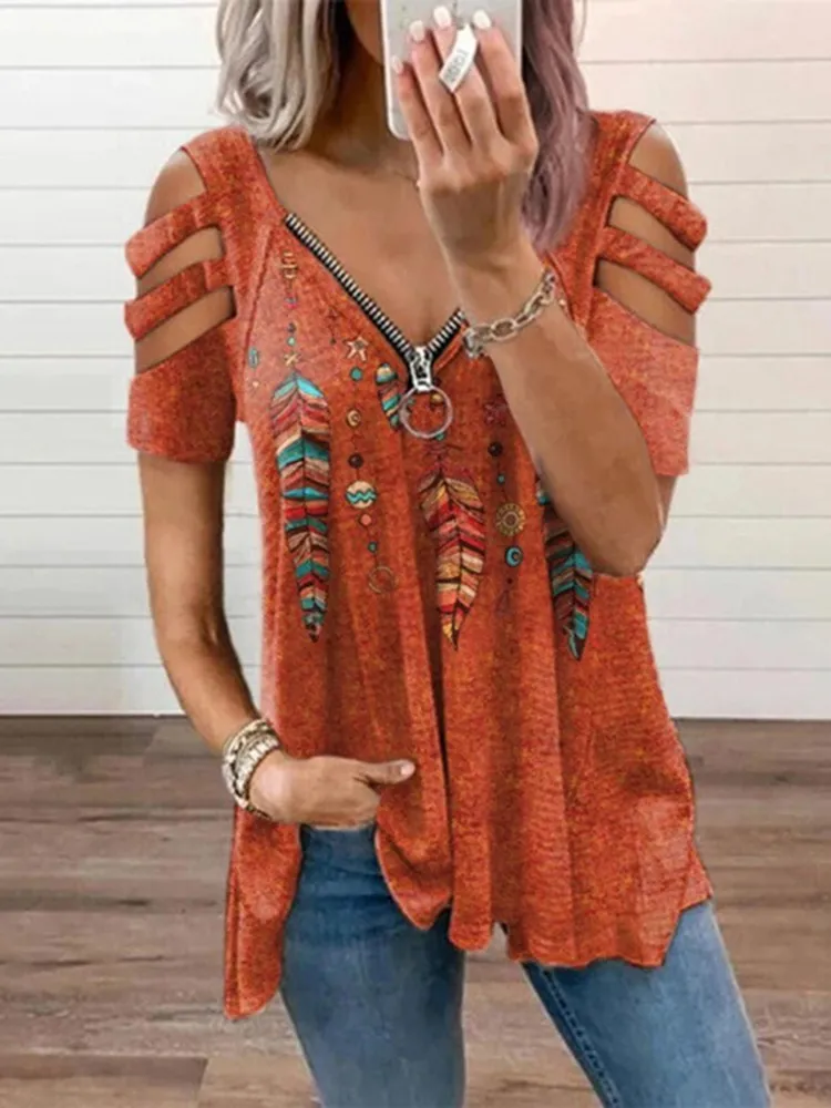 Cutout Feather Print Long Sleeve T-Shirt