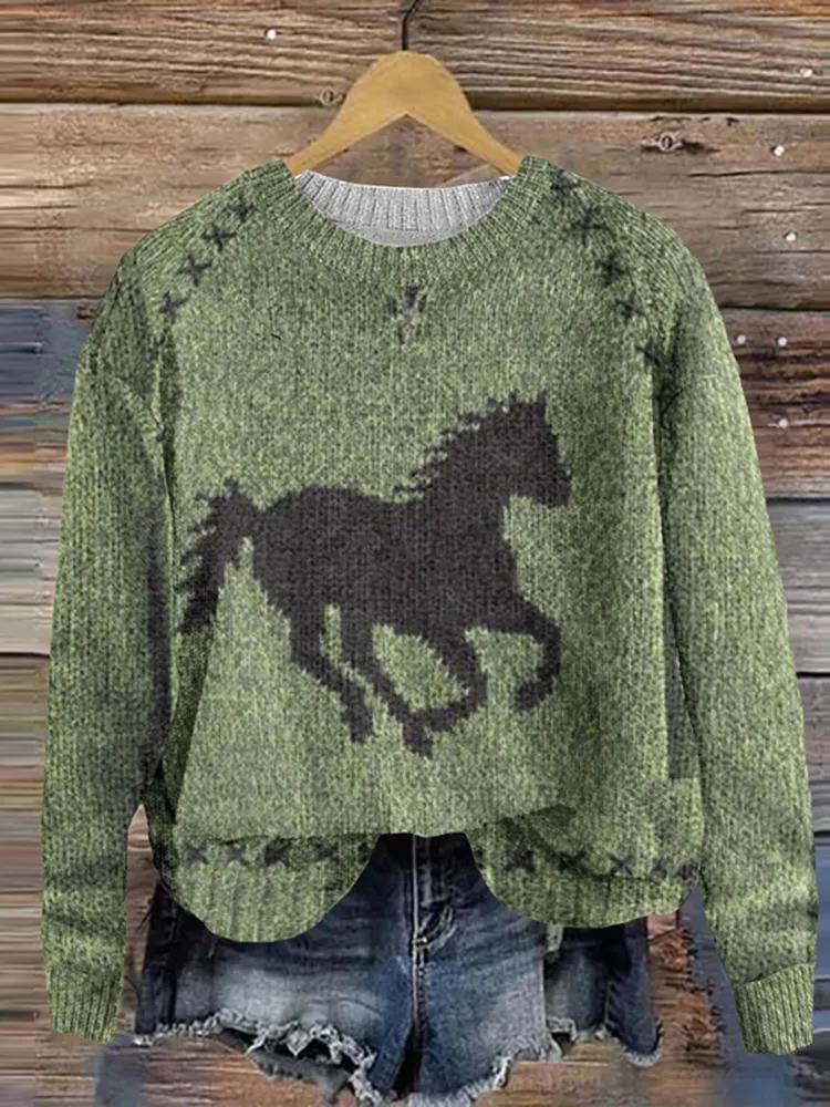 Retro Southwestern Horse Pattern Knitted Women's Sweater