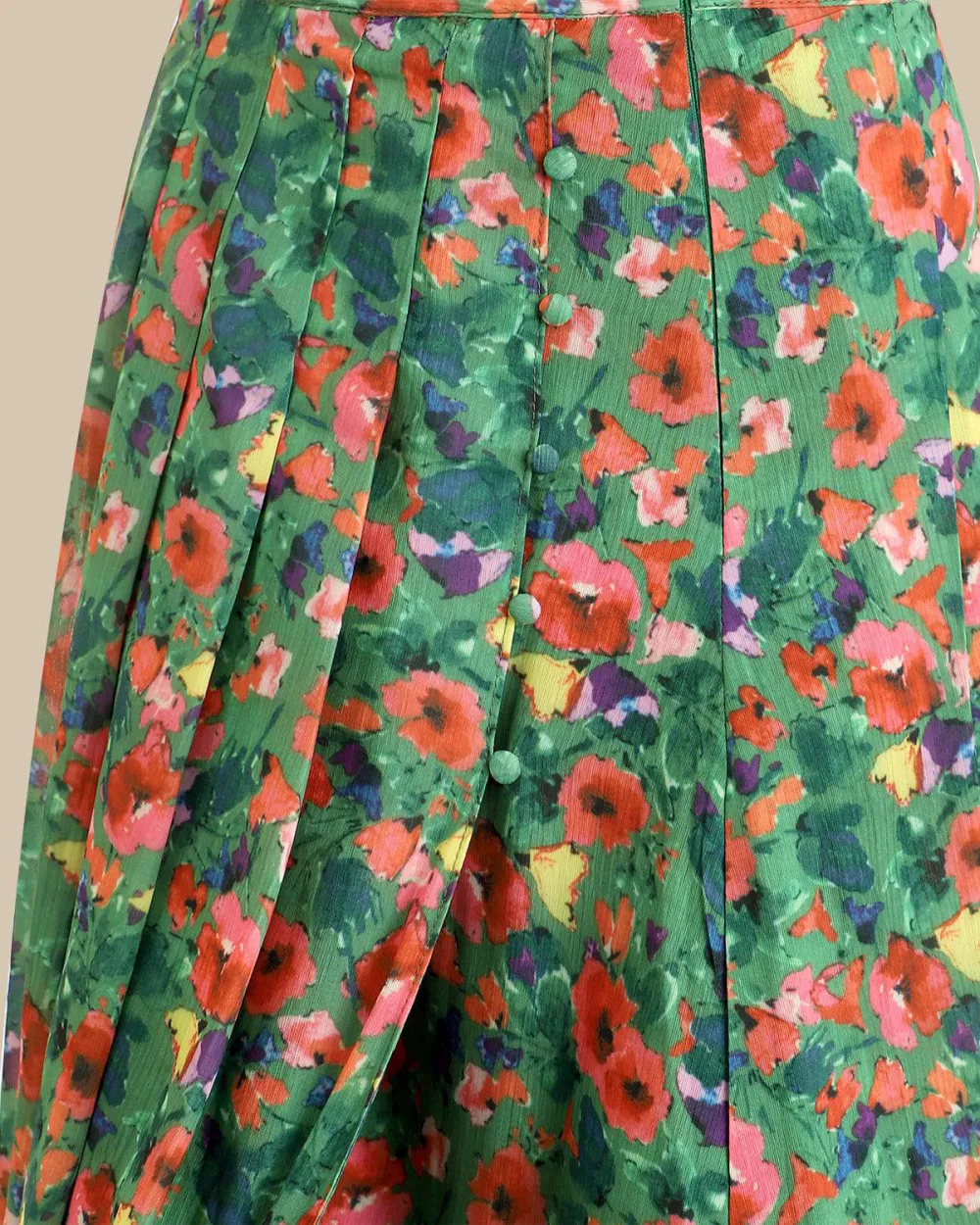 Green mid-length floral slit skirt