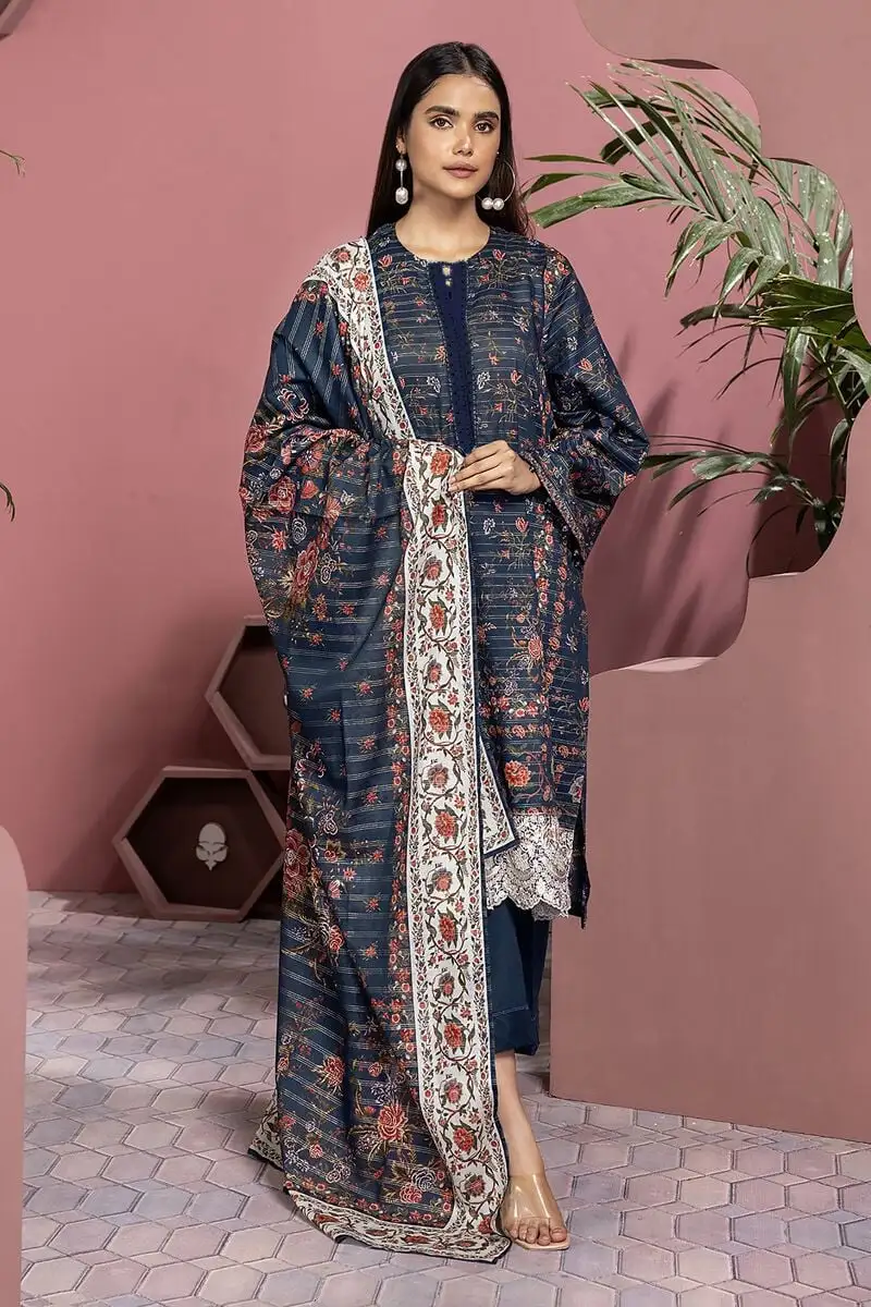 3 Piece Kurta Embroidered | Dupatta& Bottom & Tops | Color Black Blue