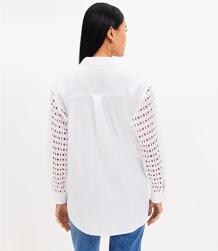 Eyelet Sleeve Cotton Blend Oversized Shirt