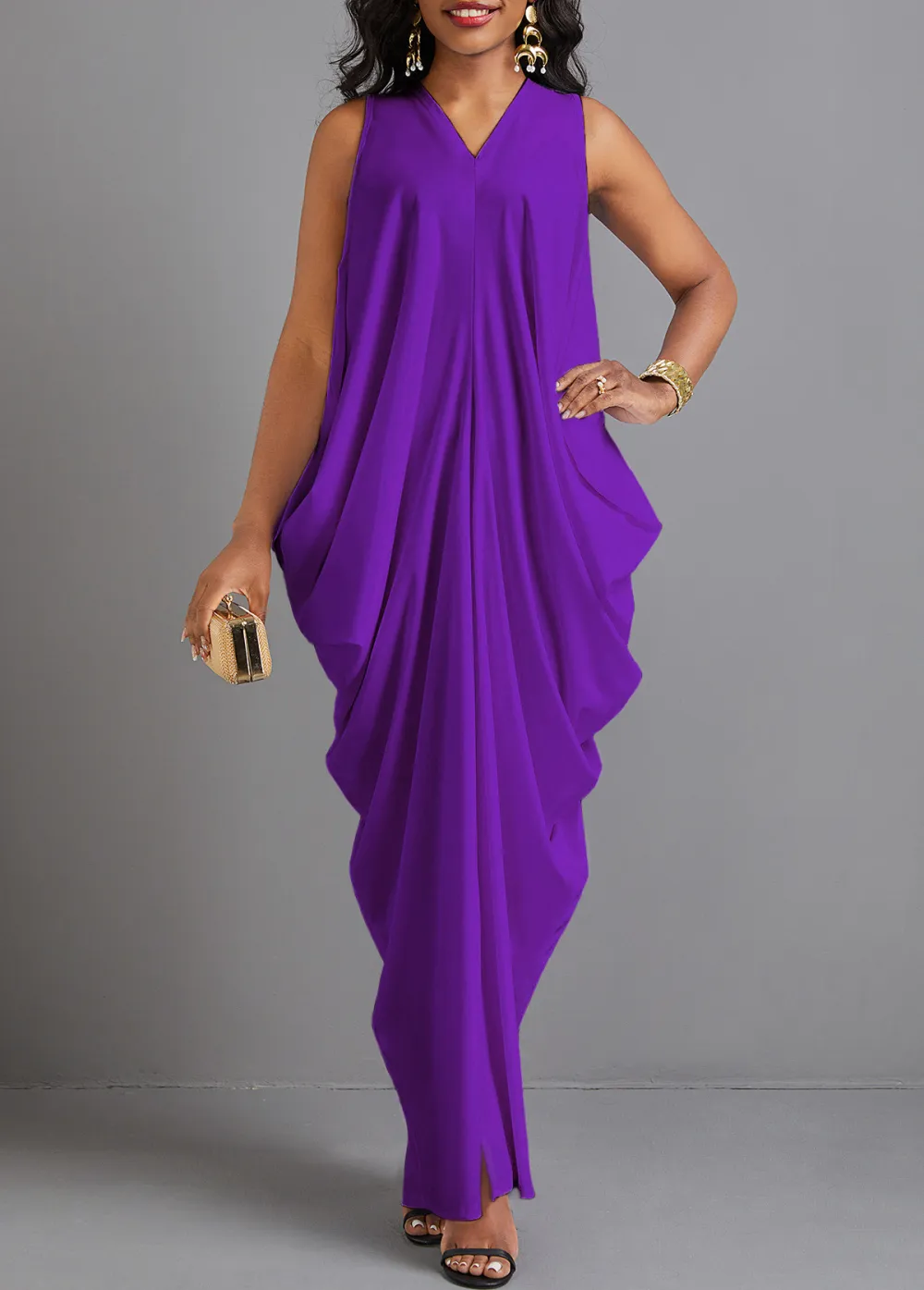 Split O Shape V Neck Purple Maxi Dress