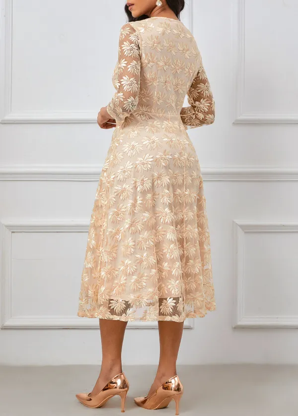 Embroidery Champagne Three Quarter Length Sleeve V Neck Dress