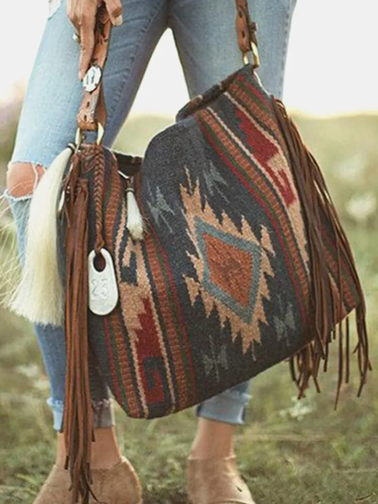 Women's Retro Ethnic Style Printed Tassel Shoulder Bag