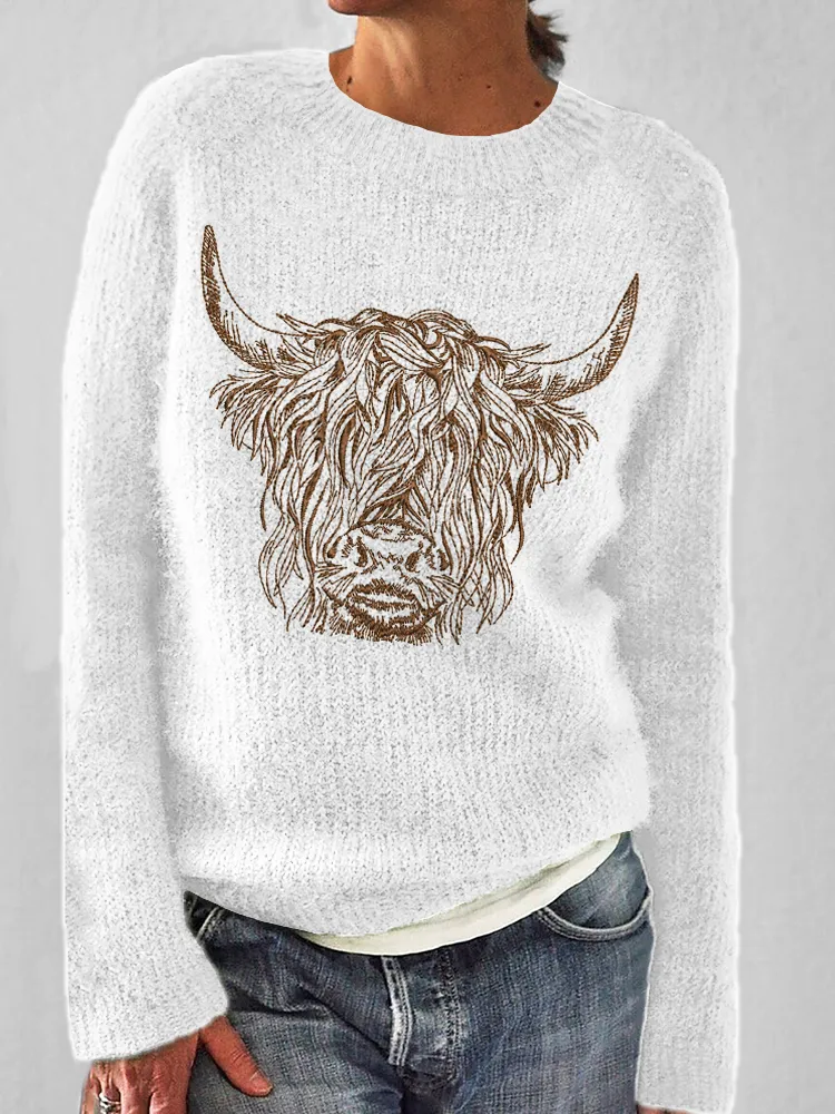 Highland Cow Embroidered Pattern Cozy Knit Sweater