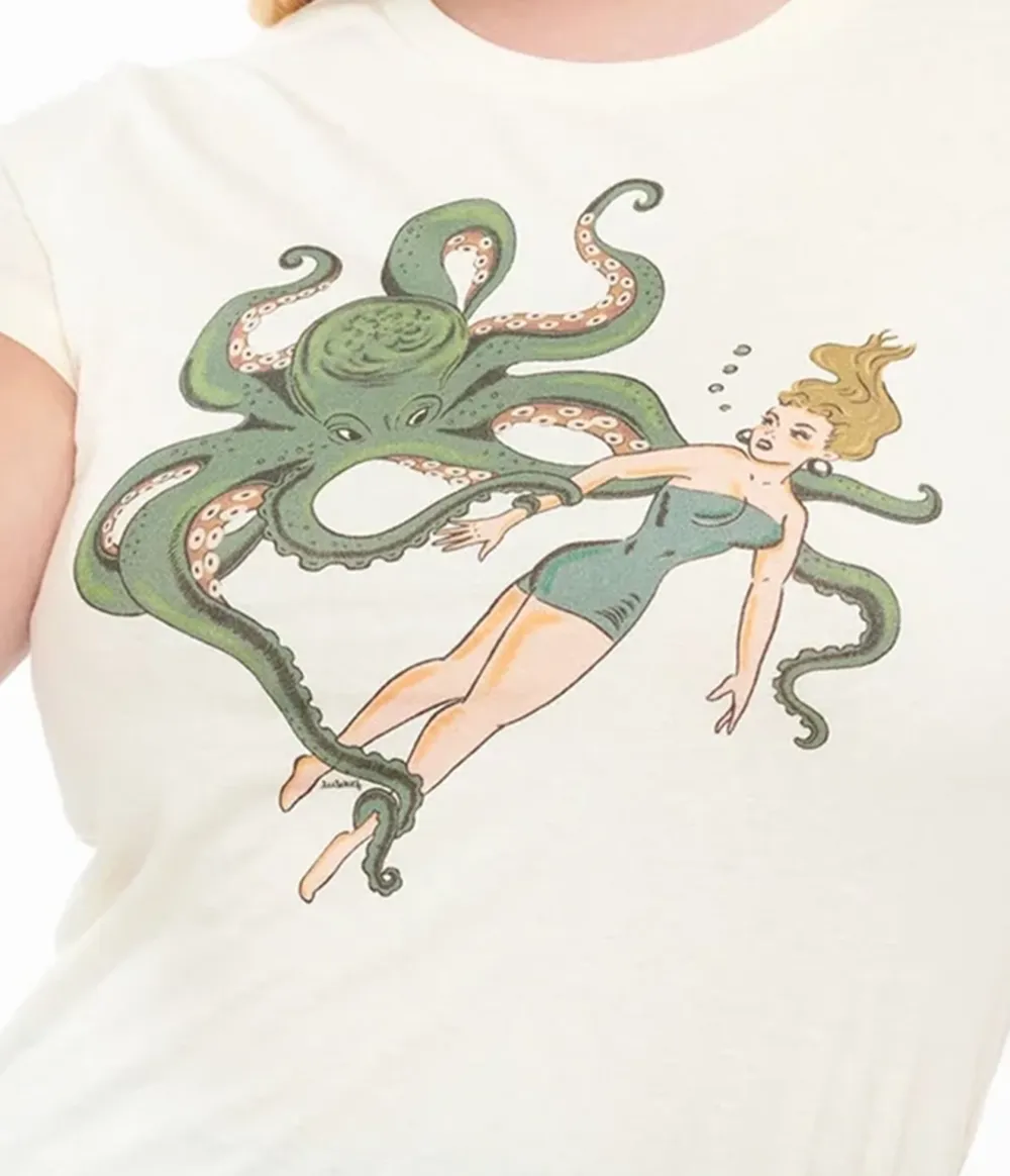 Ivory Girl And Octopus Fitted Graphic Tee