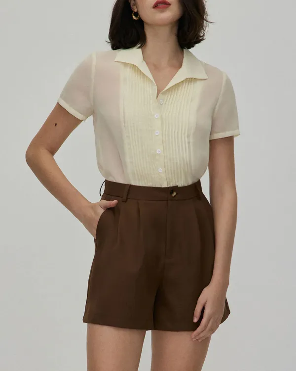 The Beige V Neck Pleated Chiffon Blouse