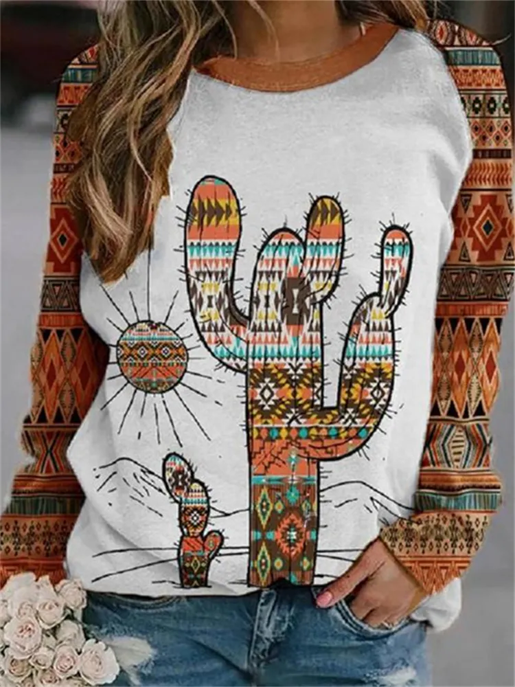 Western Ethnic Cactus Print Casual Sweatshirt