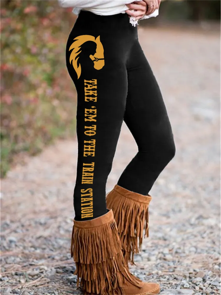 Western Horse and Girl Print Casual Leggings