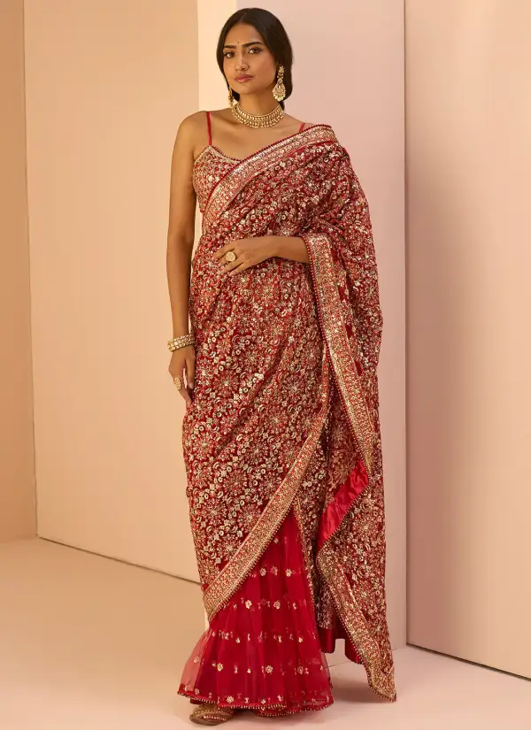 Red Embroidered Gharara Saree